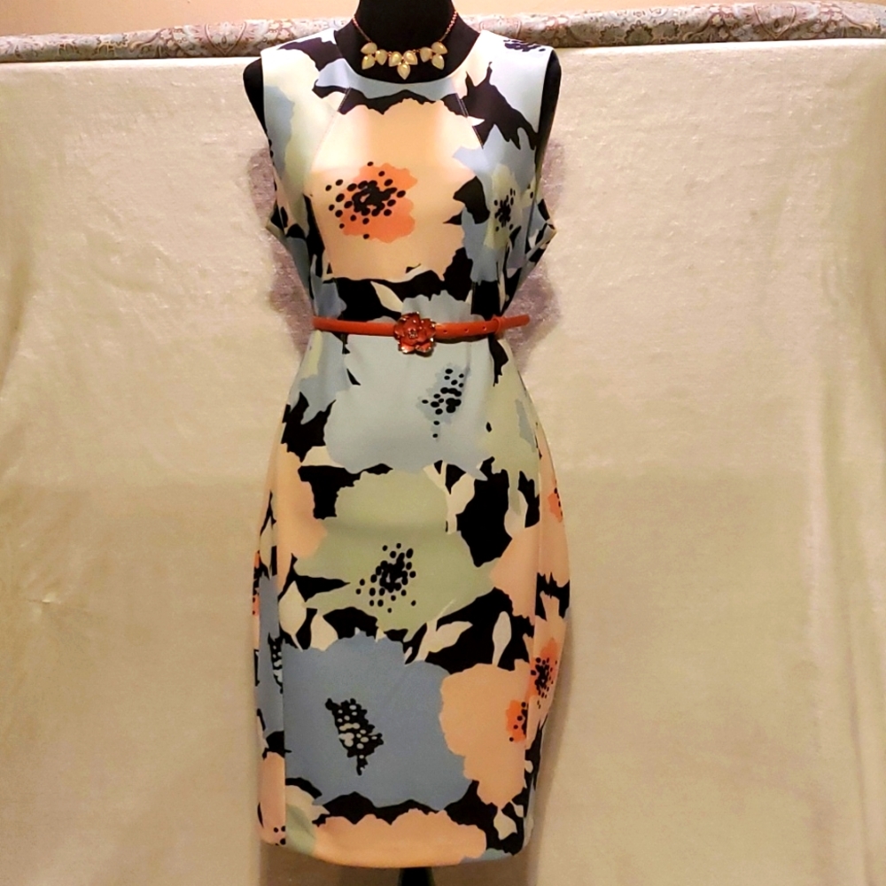 Calvin Klein Floral Midi Dress in Pastel Blue, Peach & Black